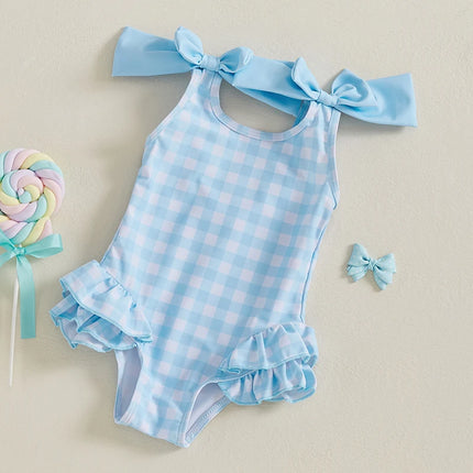 Toddler Baby Girls Swimsuit Romper Plaid Ruffles Two Bowknot Decor Beachwear Sleeveless Summer Beach Bathing Suit