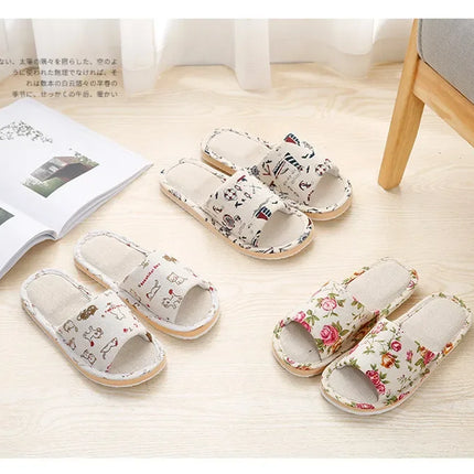 Four Season Linen Home Slippers Women Autumn Indoor Casual Floral Slides Couples House Non-slip Sandals Adults Cartoon Cat Shoes