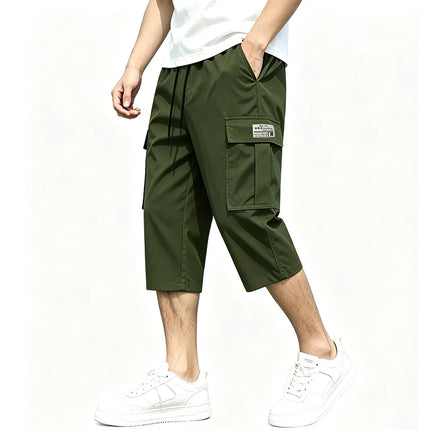 Men New Cargo Capri Pants Loose Fit Elastic Drawstring Waist Multi Pocket Outdoor Walking Holiday Summer Casual 7/8 Trousers