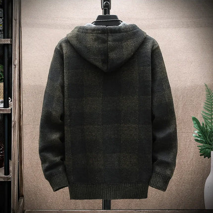 2023 Autumn/winter Fleece-lined Trendy Color Block Versatile Hooded Men's Cardigan Youth Outerwear Knitted Top For Men