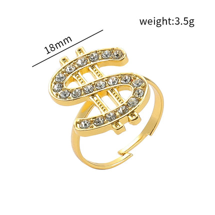 Adjustable Open Ring with Crystal Dollar Sign Punk Rapper Style Costume Jewelry for Trendy Fashion Accessory