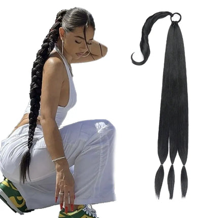 0'' Braids Ponytail Extensions Long DIY ith Elastic Tie Straight Wrap Around Braid Hair Extensions Synthetic Hairpiece for Women