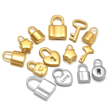 5pcs Gold Plated Stainless Steel Heart Lock Pendants Key Series Love Charms DIY Jewelry Making Necklace Bracelet Fittings Bulk