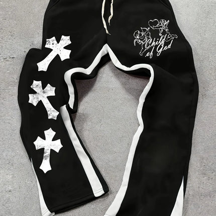 Men's New Casual Street Style Trendy Cross Print Fashionable Slightly Flared Black and White Color-Block Design Sweatpants