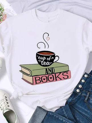 Coffee Books Brown books American retro T-shirt woman round neck half sleeve T-shirt printed T-shirt top woman oversized