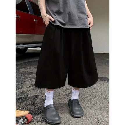 Men Solid Color Casual Capri Shorts Loose Wide Leg Baggy Mid Length Streetwear Daily Sports Pants