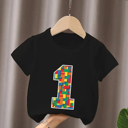 Summer Cotton Children's T-Shirt Building Blocks Bricks Print Number Cartoon Kid 2-9Y Birthday Funny Baby Tee Top Boy Girl Clothes