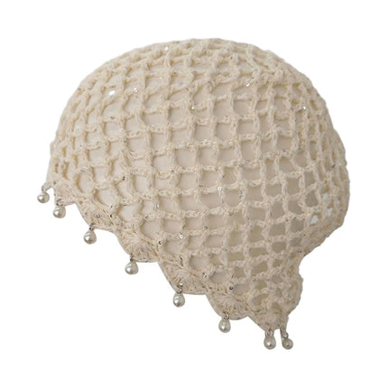 Retro Ethnic Hollow Knit Head Wrap Hat Sequins Pearl Fringe Tassel Crochet Beanie Bohemian Breathable Summer Women Pullover Cap