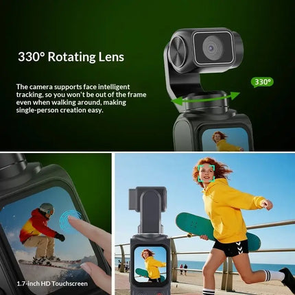 4K Pocket Gimbal Camera Handheld Stabilized Camcorder 75MP 330° Auto-Tracking Rotation 1.7-inch Touchscreen for Vlogging