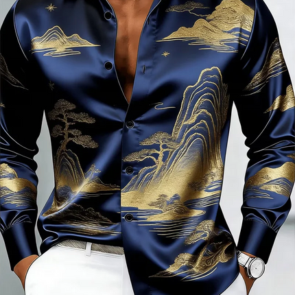 New black satin ethnic style geometric border men's long sleeved shirt retro business casual shirt clothing