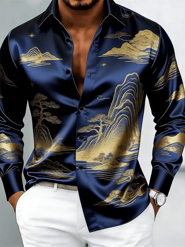 New black satin ethnic style geometric border men's long sleeved shirt retro business casual shirt clothing