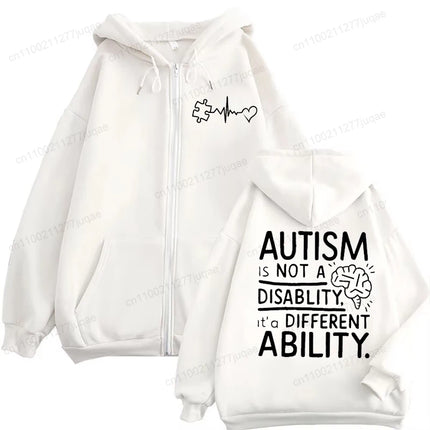 Autism Awareness Hoodie for Men Women, It's Not A Disability It's A Different Ability Zip Up Hoodies, Zipper Tracksuit Jackets