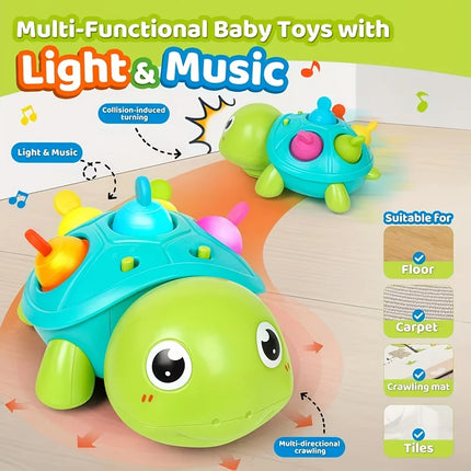 Baby Crawling Turtle Toy, Moving Musical Light-Up Infant Toy with White Noise, Obstacle Avoidance Educational Toy for 0 Months+