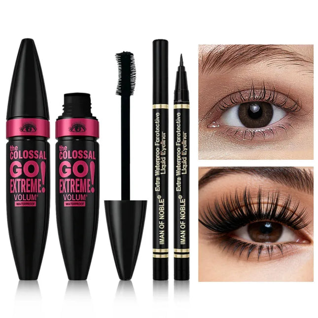 Mascara with Eyeliner Combo Black Slim Drawing Line Smooth Definition Long Lasting Waterproof Eye Makeup 2 Pcs Set