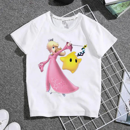 The New 2026 Super Mario Mary Cartoon Parent-child Outfit Male and Female Students Summer White T-shirt with Short Sleeves