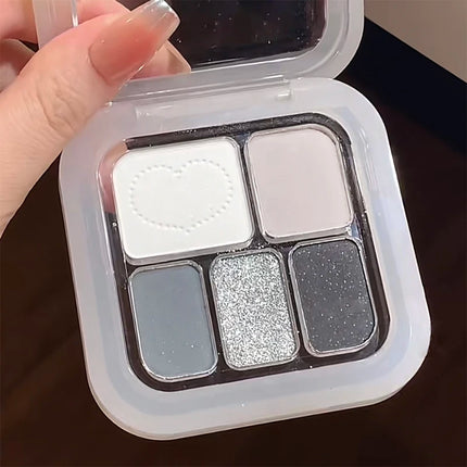 5-Color Punk Smokey Eye Makeup Eyeshadow Palette Silvery White Cement Gray Dark Black Matte & Shimmer Lasting Party Makeup