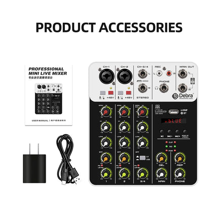 Debra NEW V4 Audio Mixing Console Bluetooth USB Record PC 48V Phantom Power Delay Repaeat Effect 4 Channels USB Audio Mixer.