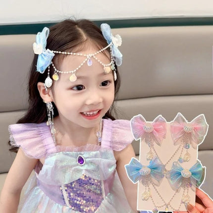 Baby Mermaid Princess Hair Clip - Pearl Tassel Bow Forehead Chain for Girls, Cute Children's Hair Accessories