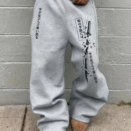 Japanese Aesthetic Pattern 3D Printed Pants, Unisex Oversized Casual Sports Pants, Street Pants, Gothic Loose Fit