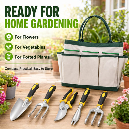 6PCS Garden Hand Tool Set with Storage Bag, Trowel Rake Fork Weeder Pruning Shears Kit for Planting Weeding Transplanting