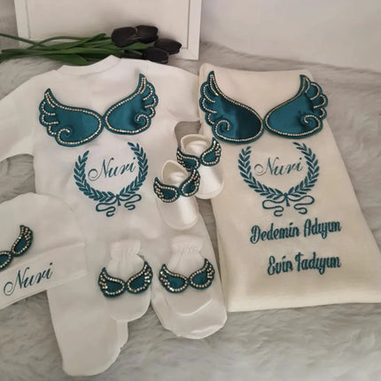 Dollbling Hospital Exit 5pcs Embroidery Name Newborn Angle Wings Romper Blanket  Nursery Bedding Swaddle Handmade Infant Outfit