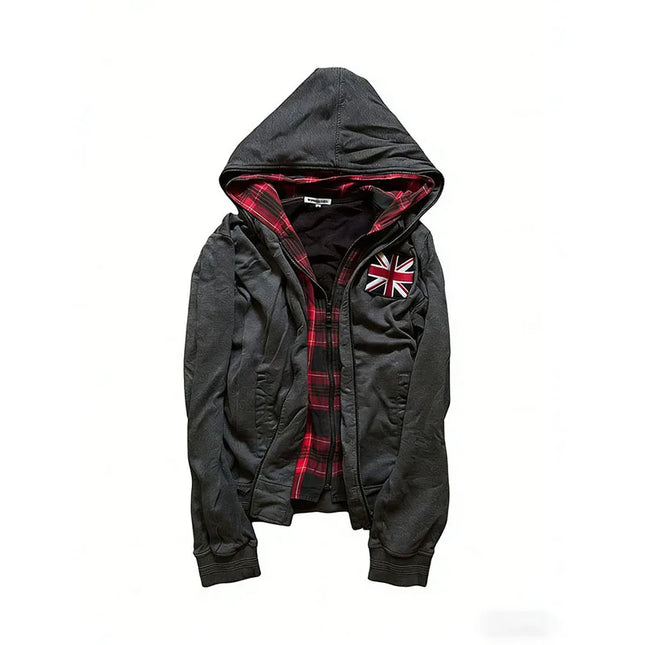 Retro flag print zipper double-layer cardigan hip-hop Harajuku classic style washed gray loose Y2k street trend men's and women'