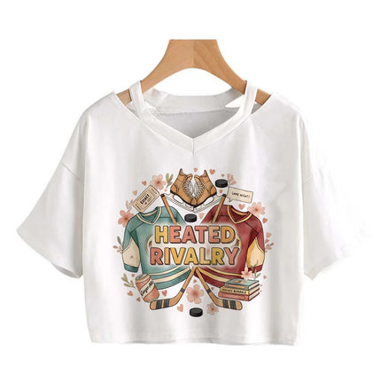 Hot Heated Rivalry Print Cropped T Shirt Women Sexy Graphic CropTops Gothic Vintage T-Shirt Fashion Y2k Streetwear Clothing