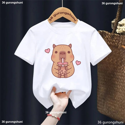 Funny T-Shirt Capybara With Turtle Loves Bubble Milk Tea Printed T-Shirt Girls/Boys Kawaii Kids Clothes Harajuku Shirt Tops