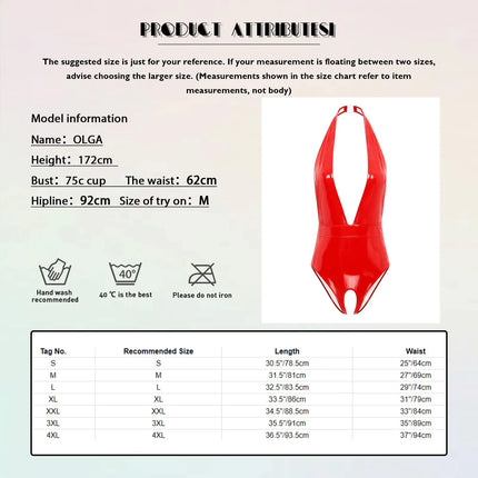 Womens Wet Look Patent Leather Bodysuit Halter Deep V Neck Crotchless Leotard Backless Sleeveless Catsuit Lingerie Nightwear