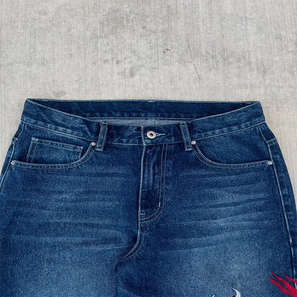 Dragon Graffiti Embroidery Dark Blue Loose Wide Leg Distressed Jeans Y2K High Waist Men Women Vintage Casual Daily Streetwear