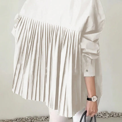 Plus Size 2025 Spring and Summer New Women's POLO Collar Pleated Casual Single Row Button Shirt Blouse Solid Color