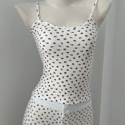 Sweet Floral Print Eyelet Bow Cropped Vests Women Cotton Casual Slim Lace Trim Tank Tops Vintage Preppy Style Cute Camisole Y2K