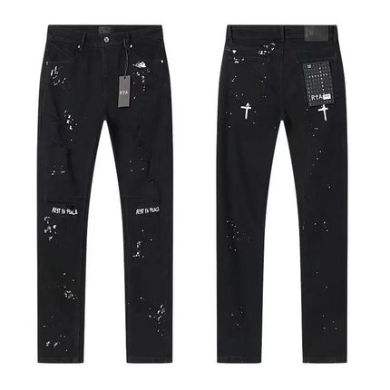 2026 RTA Men's Slim Fit Jeans Collection Distressed Ripped Paint Splatter Studded Patch Vintage Washed Streetwear Fashion Pants