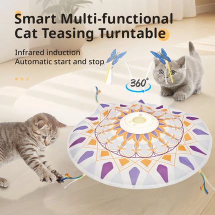 USB Rechargeable 3-in-1 Interactive Cat Teaser Toy 360° Rotating Feathers & Mandala Pattern, 1200 battery capacity Plastic Design
