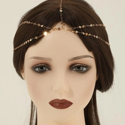 QIMING Boho Head Chain Hairpiece Headband Ethnic Hair Jewelry Metal Multilayers Link Indian Tribal Femme
