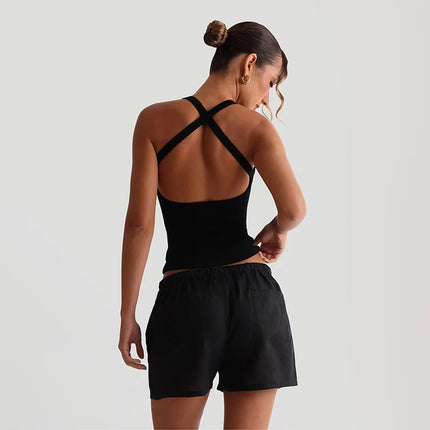 Green Thread Casual Tank Tops Woman Low-Neck Cross Strap Sleeveless Backless Crop Top Hot Girls High Street Classic Slim Fit Top