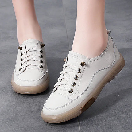 Genuine Leather Women Soft Sole Walking Shoes Girl Student Jogging Sneaker White Black Flats Female Casual Skate Trainers Summer