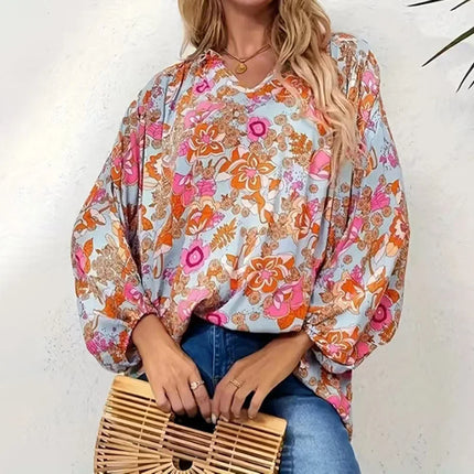 Plus Size Women's Shirt, Flower Print V-Neck Long Sleeves, Ruffled Collar Basic Style, Casual Vacation Lightweight Top