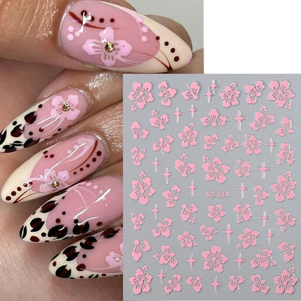 Hibiscus Flower 3D Nail Stickers Cherry Blossom Floral White Florals Petal Nail Art Decals Sliders Manicure Nail Tips Decor