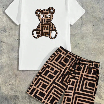 2026 Summer Men's Short-Sleeved Shorts Set with Bear Print Breathable Lightweight Casual Fashionable Outdoor Men's Clothing