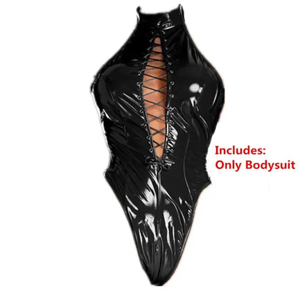 Womens Latex Catsuit Wet Look Lace-Up Body PVC Teddy Fetish Bodysuit Exotic Parties Night Club Wear Pole Dancing Full Set