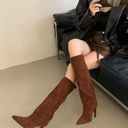 Liyke Autumn Winter Fashion Slim Knee High Boots Women Sexy Pointed Toe Low Thin Heel Shoes Female Long Booties Zapatos De Mujer