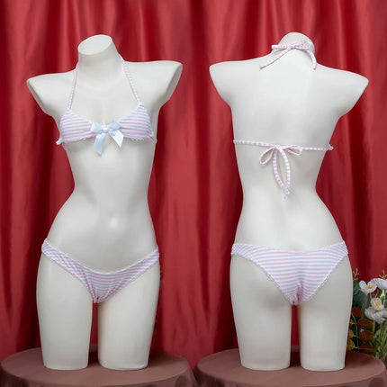 Sexy Lingerie Lolita Kawaii Blue Pink White Striped Mini Bikini Adult Cosplay Erotic Costumes Bra Women Underwear Set