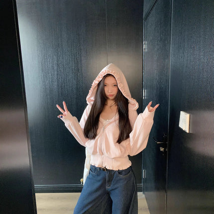 Wooden Edge Collar Long Sleeve Hoodie Jacket Women Fashion Anti-aging Zipper Top Comfortable Casual Style Polyester Fabric