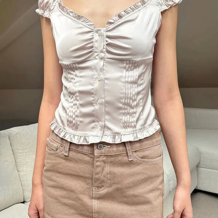 Blue Striped Folds Blouse Top Women New Casual Single Breasted Ruffle Sleeveless Tank Tops Vest Sweet Preppy Style Camisole Y2K