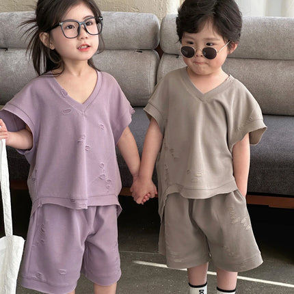 RAISE Summer Brother Sister Clothes Muslin Hollow V-collar Kids Boy Short Sleeve Top Suit Loose Solid Straight Shorts Tracksuits