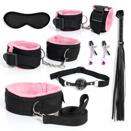 BDSM Bondage Bundle Set Leather Plush Blindfold Handcuffs Whip Nipple Clip Adult Sex Toys Women Erotic Restraint Game Kit