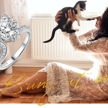 JewelryPalace New Arrival Love Cat 3ct Round Gemstone 925 Sterling Silver Open Adjustable Ring for Woman Girl Fashion Cute Ring