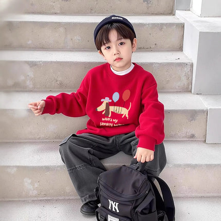 Boy Round Neck Sweatshirt Girls Fashion Cartoon Dog Printed Top Winter Children Plush Keep Warm Pullover