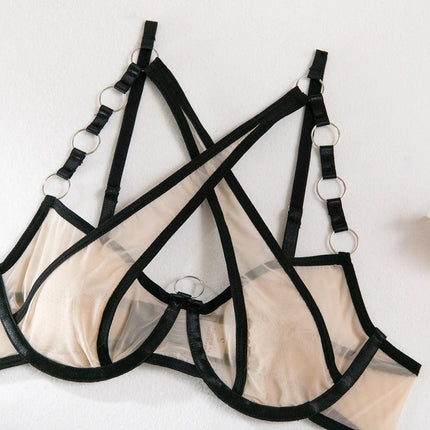 Three Piece Hot Selling Spliced Underwear Bra With Steel Ring Sexy Contrast Color Intimates Set Women's Mesh Exotic Apparel Suit
